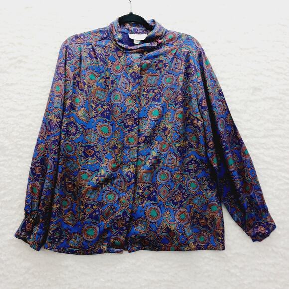 Pendleton Blouse Size 8 Blue Gold Paisley Boho Luxe Art Teacher Witchy Office - Picture 1 of 16